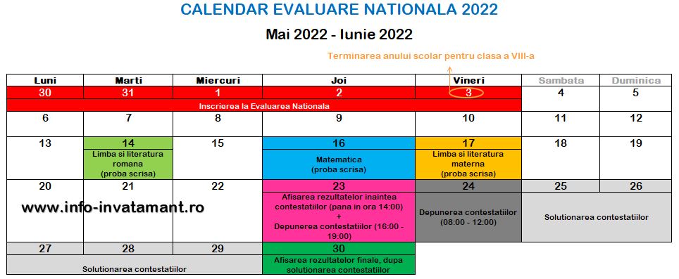 Calendar Evaluare Nationala 2022