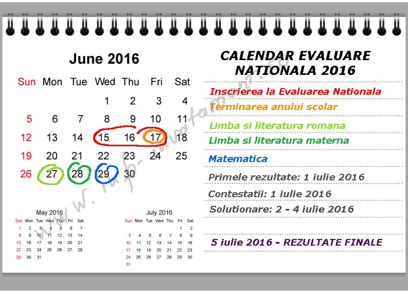 Calendarul Evaluarii Nationale 2016